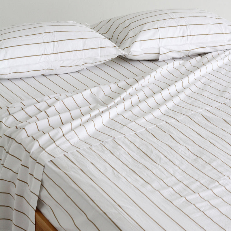 A&C Stonewash Cotton Flat Sheet- Khaki Stripe