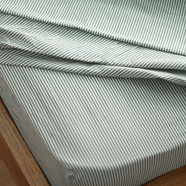 Stonewash Cotton Fitted Sheet - Pine Mini Stripe, King Single