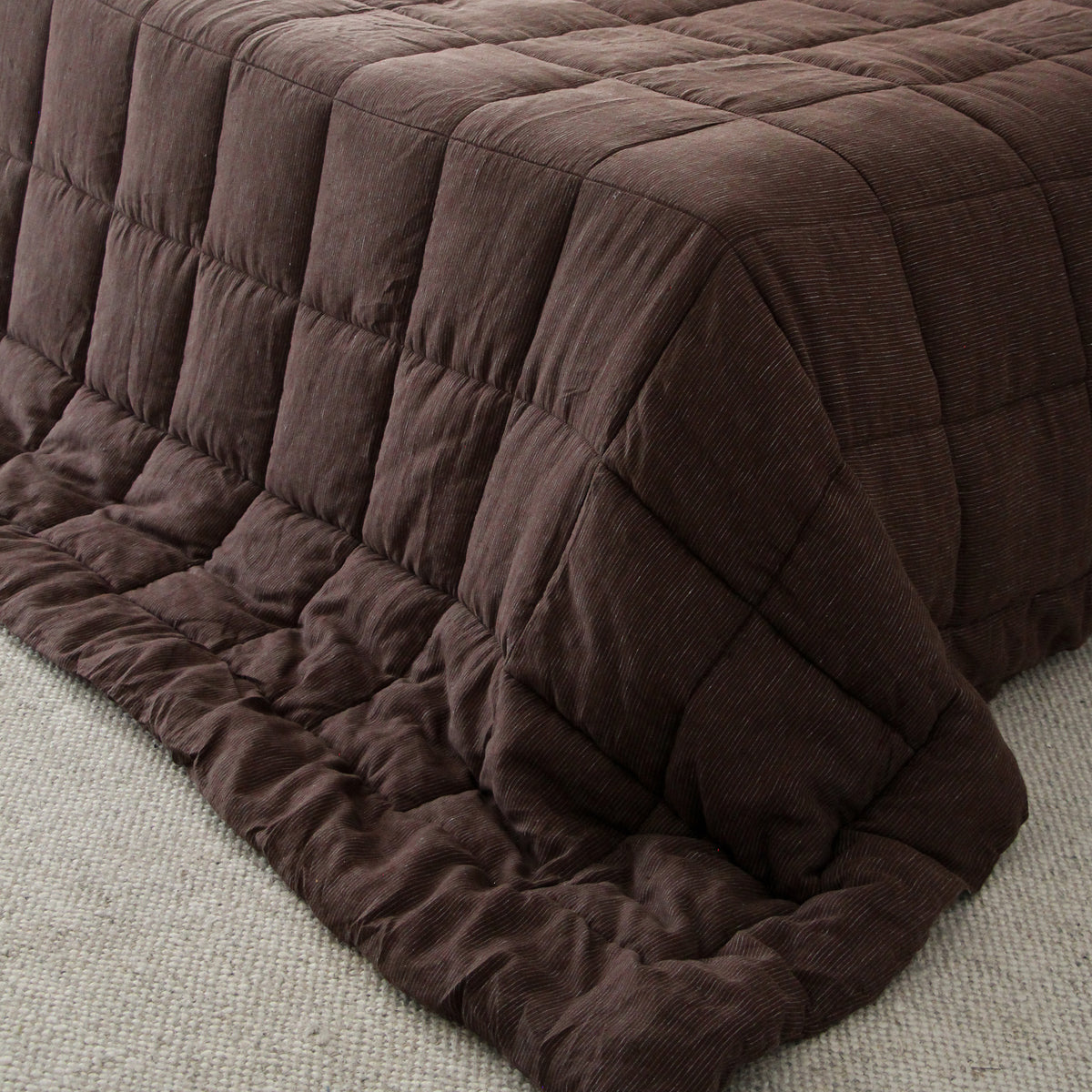 Linen Quilted Bedcover - Chocolate/Blue Stripe