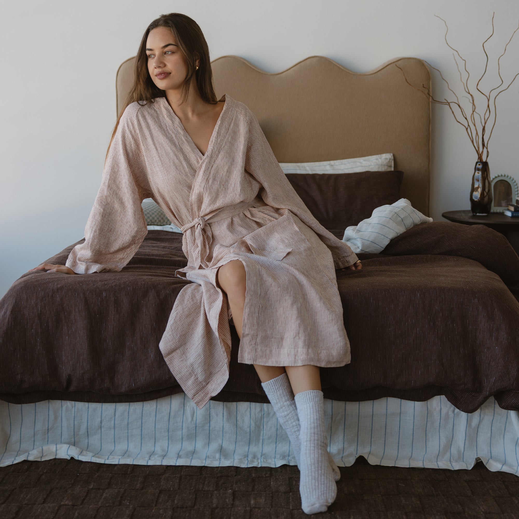 Linen Robe - Mini Terracotta Stripe
