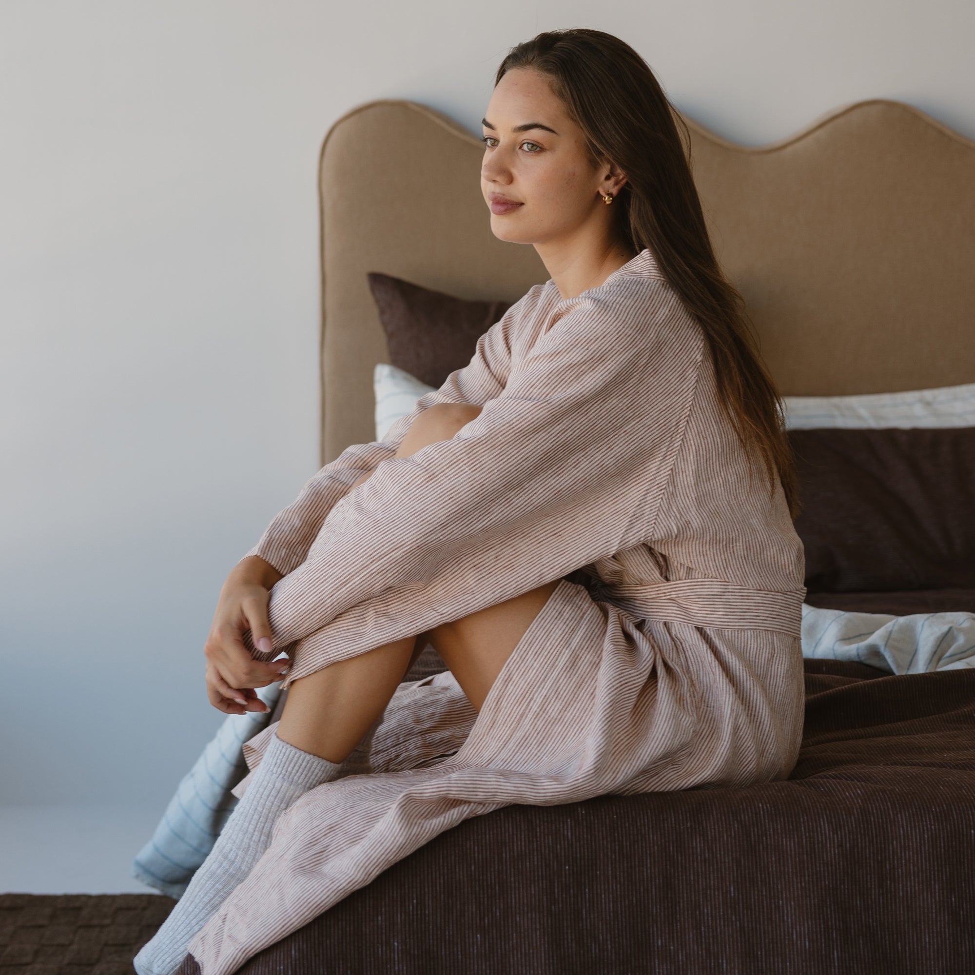 Linen Robe - Mini Terracotta Stripe