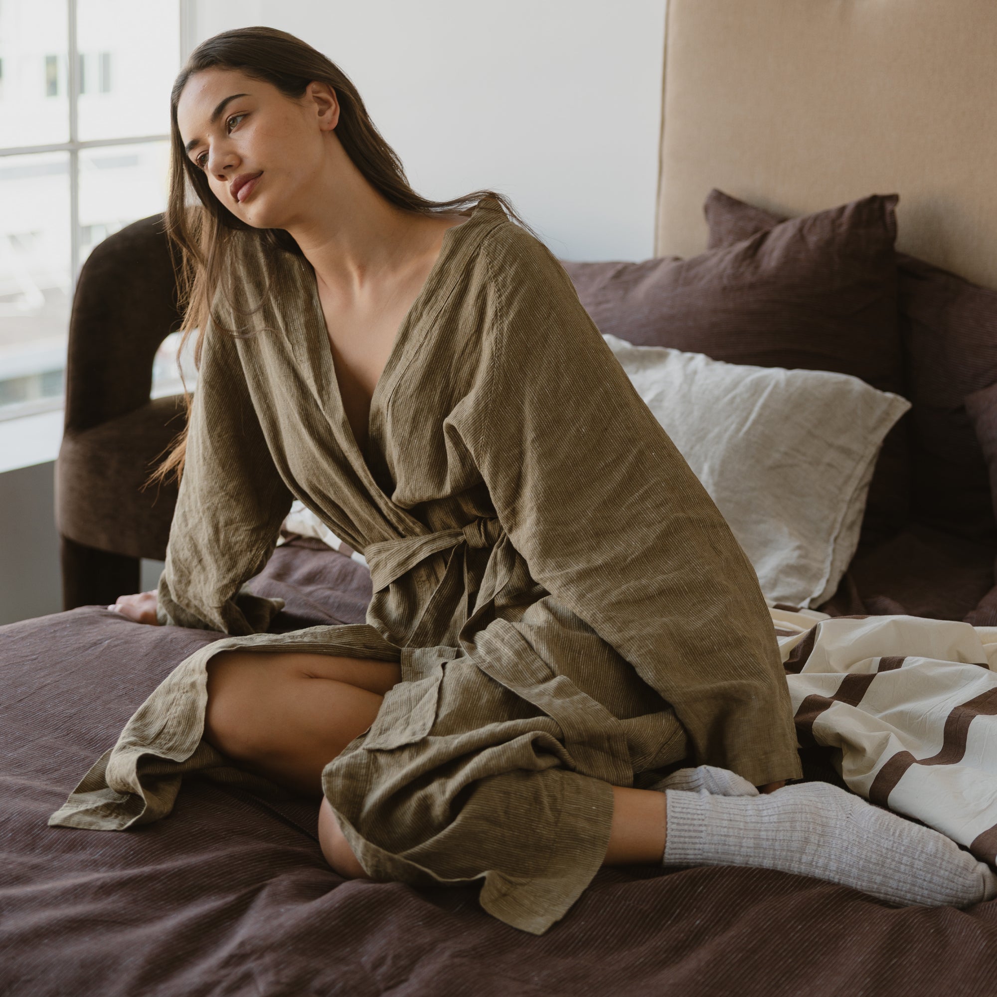 Linen Robe - Olive Pinstripe