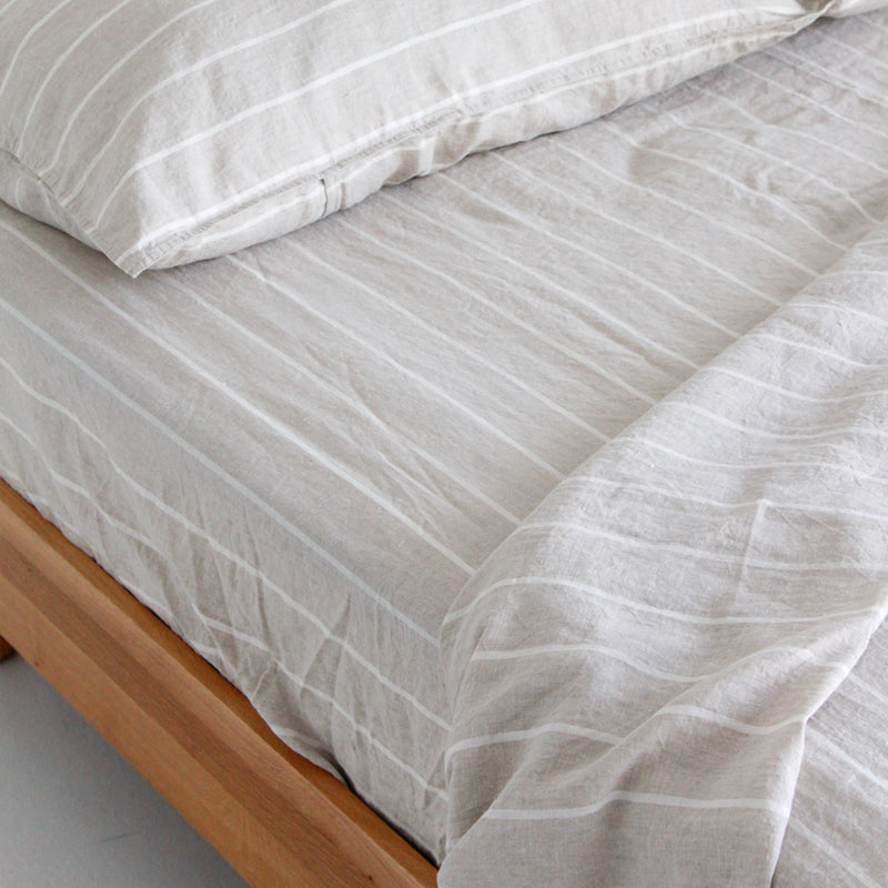 A&C Flax Linen Fitted Sheet - Oatmeal Stripe