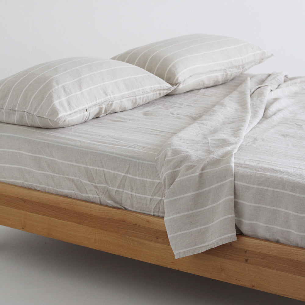 European Linen Fitted Sheet - Oatmeal Stripe