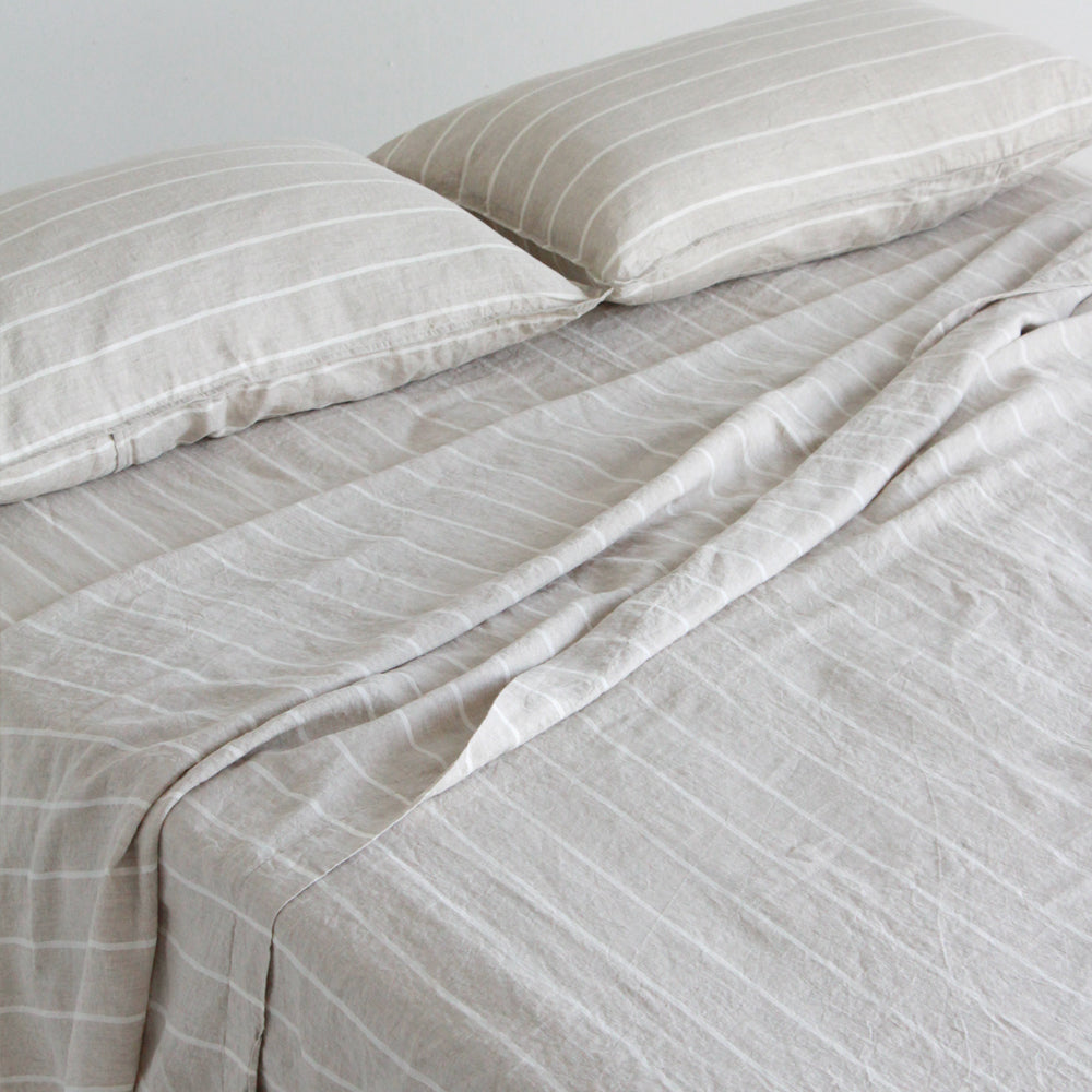 European Linen Flat Sheet - Oatmeal Stripe