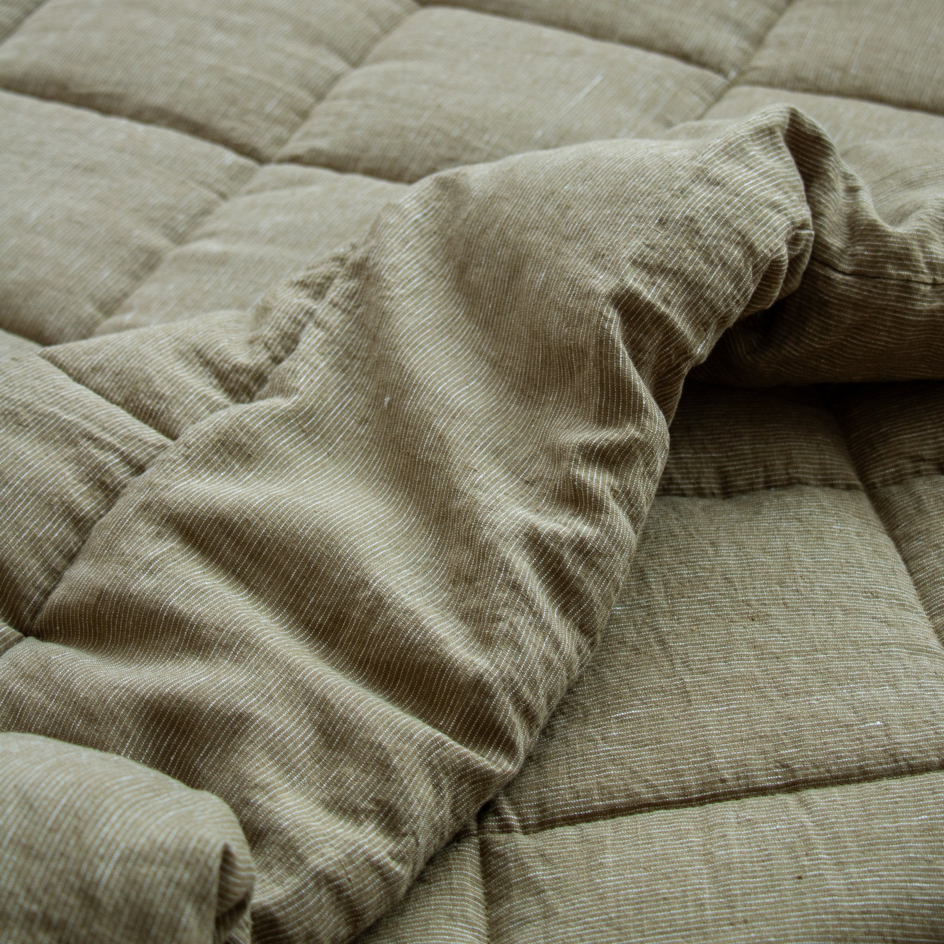 Linen Quilted Bedcover - Olive Pinstripe
