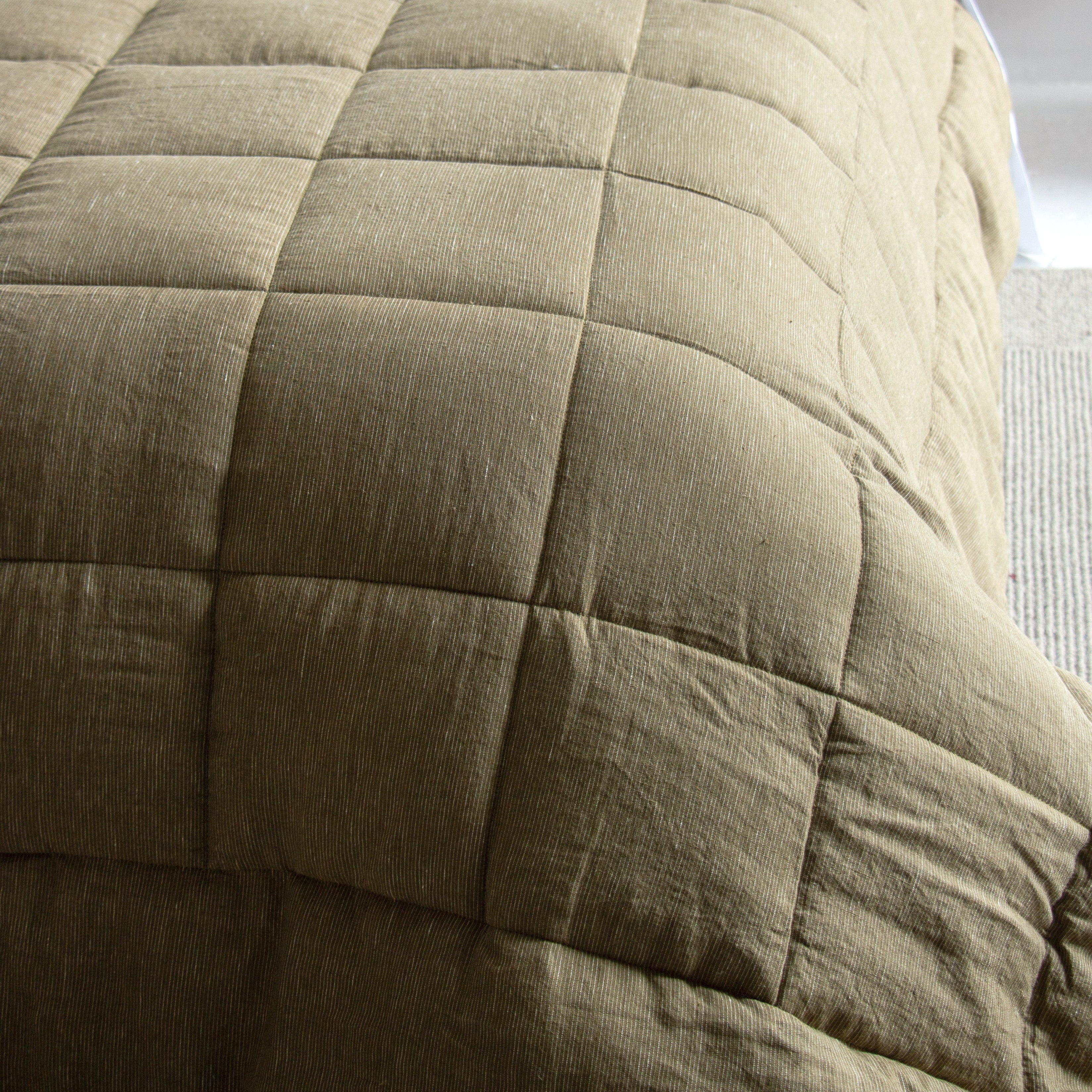 Linen Quilted Bedcover - Olive Pinstripe