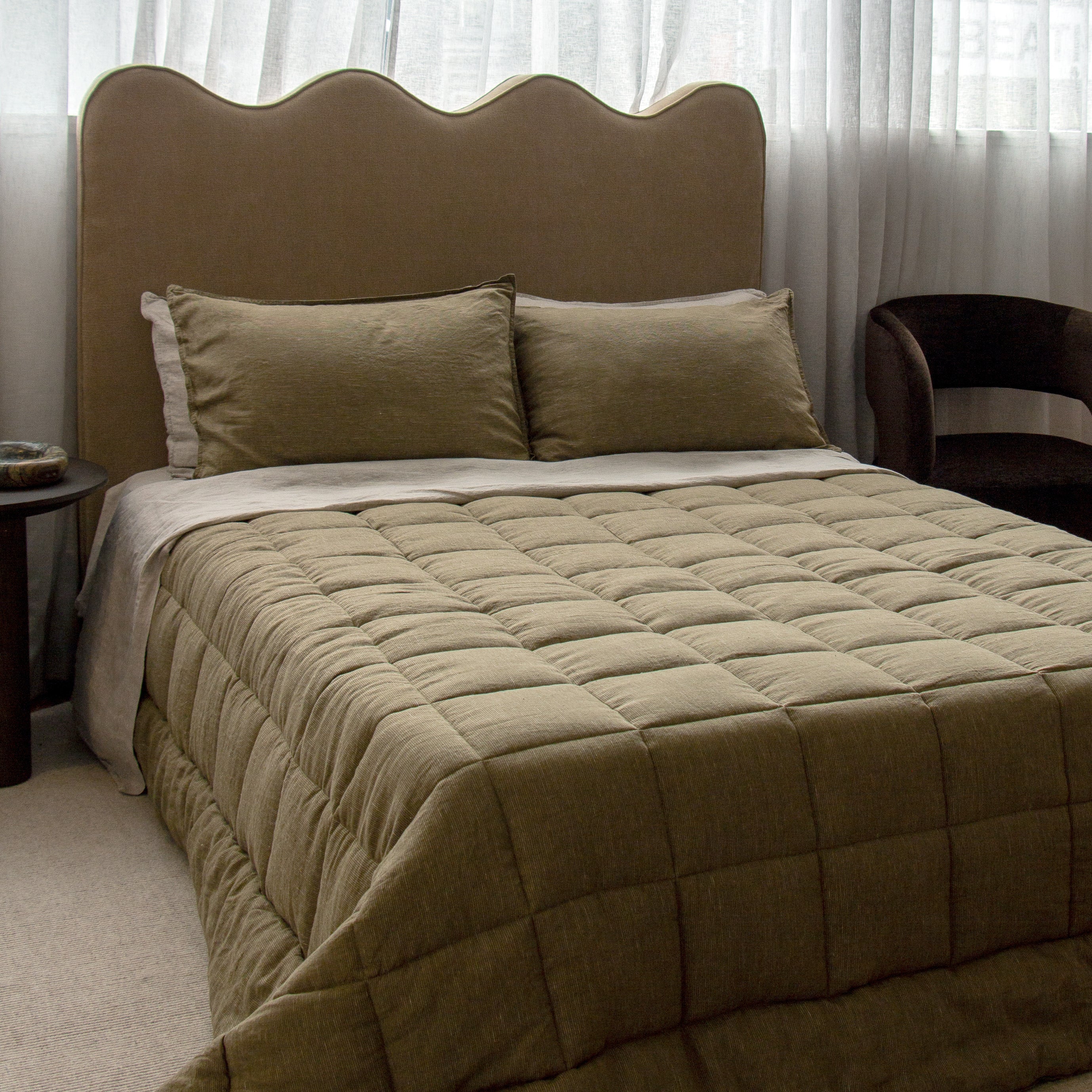 Linen Quilted Bedcover - Olive Pinstripe