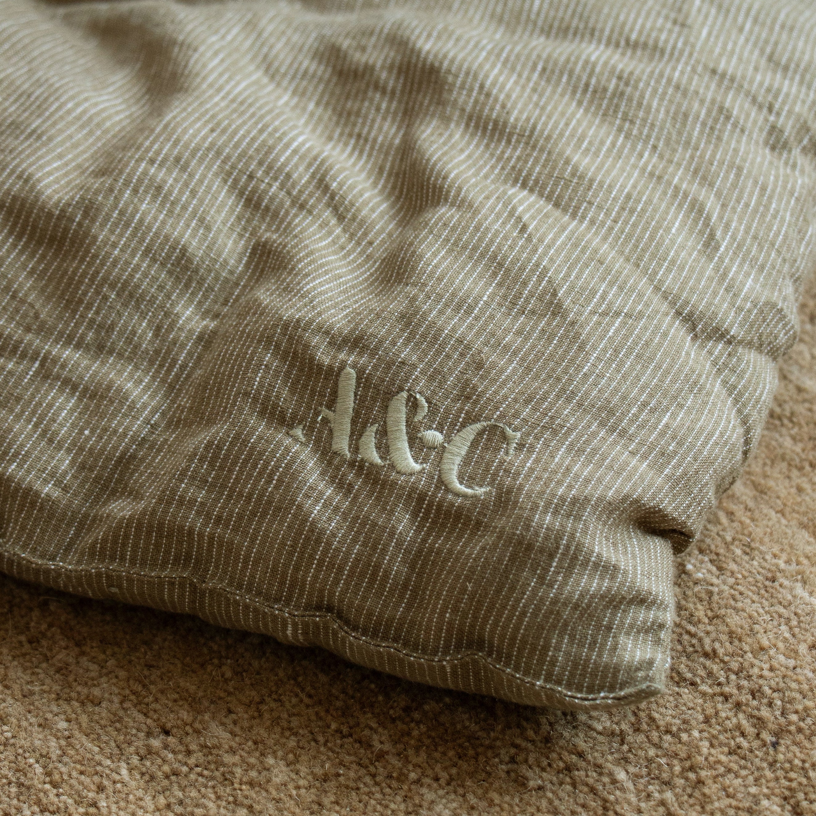 Linen Quilted Bedcover - Olive Pinstripe