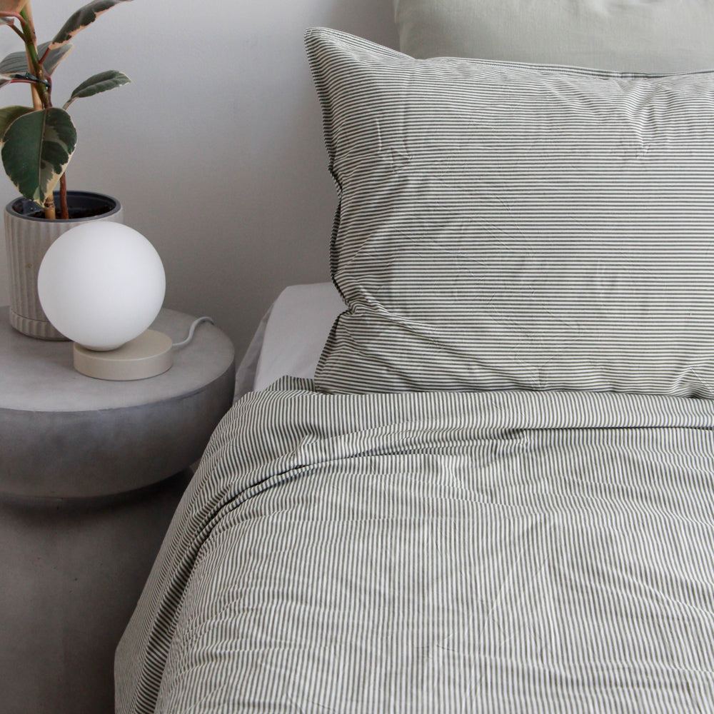 Stonewash Cotton Duvet Set - Pine Mini Stripe, King Single