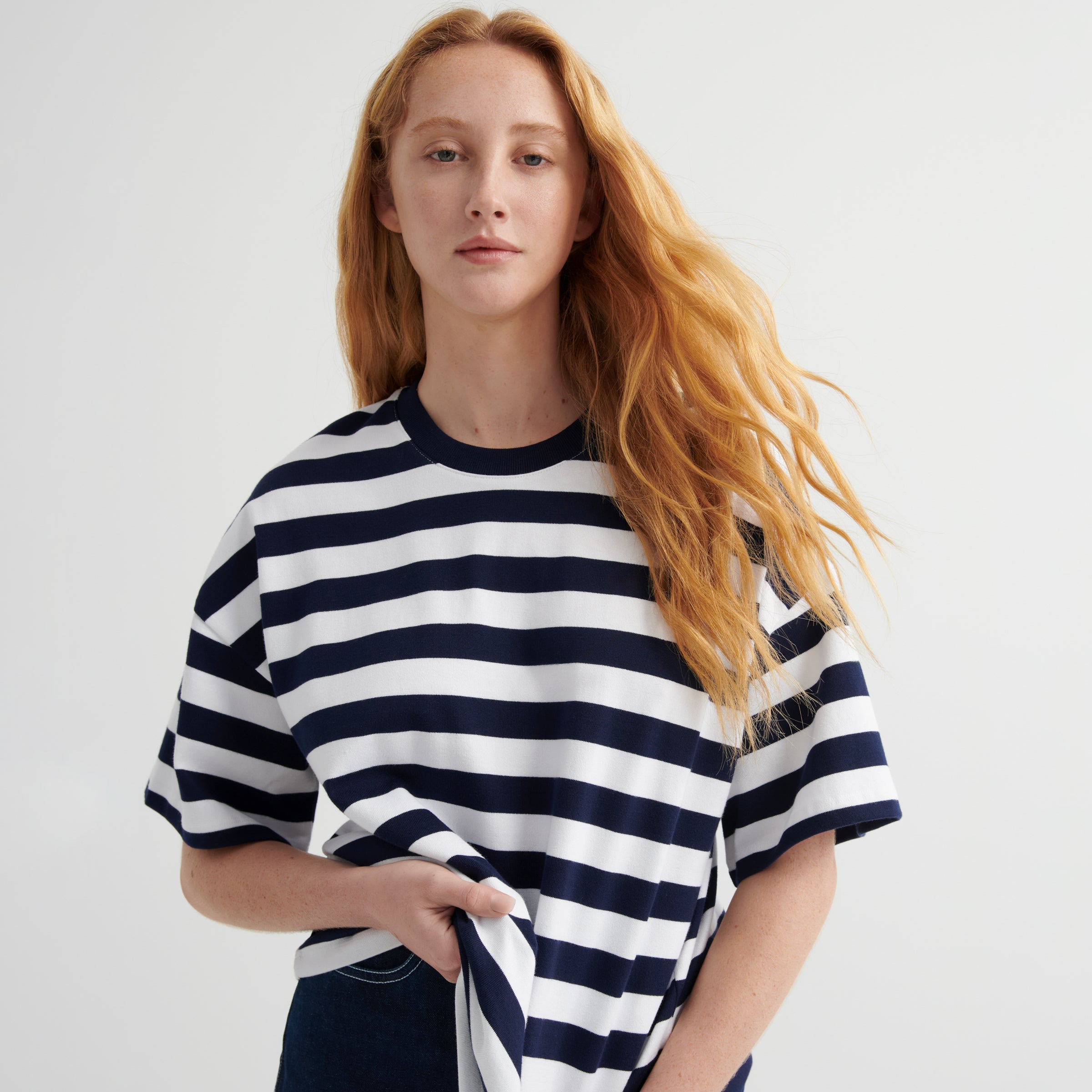 Oversized Boxy Tee - Navy White Stripe