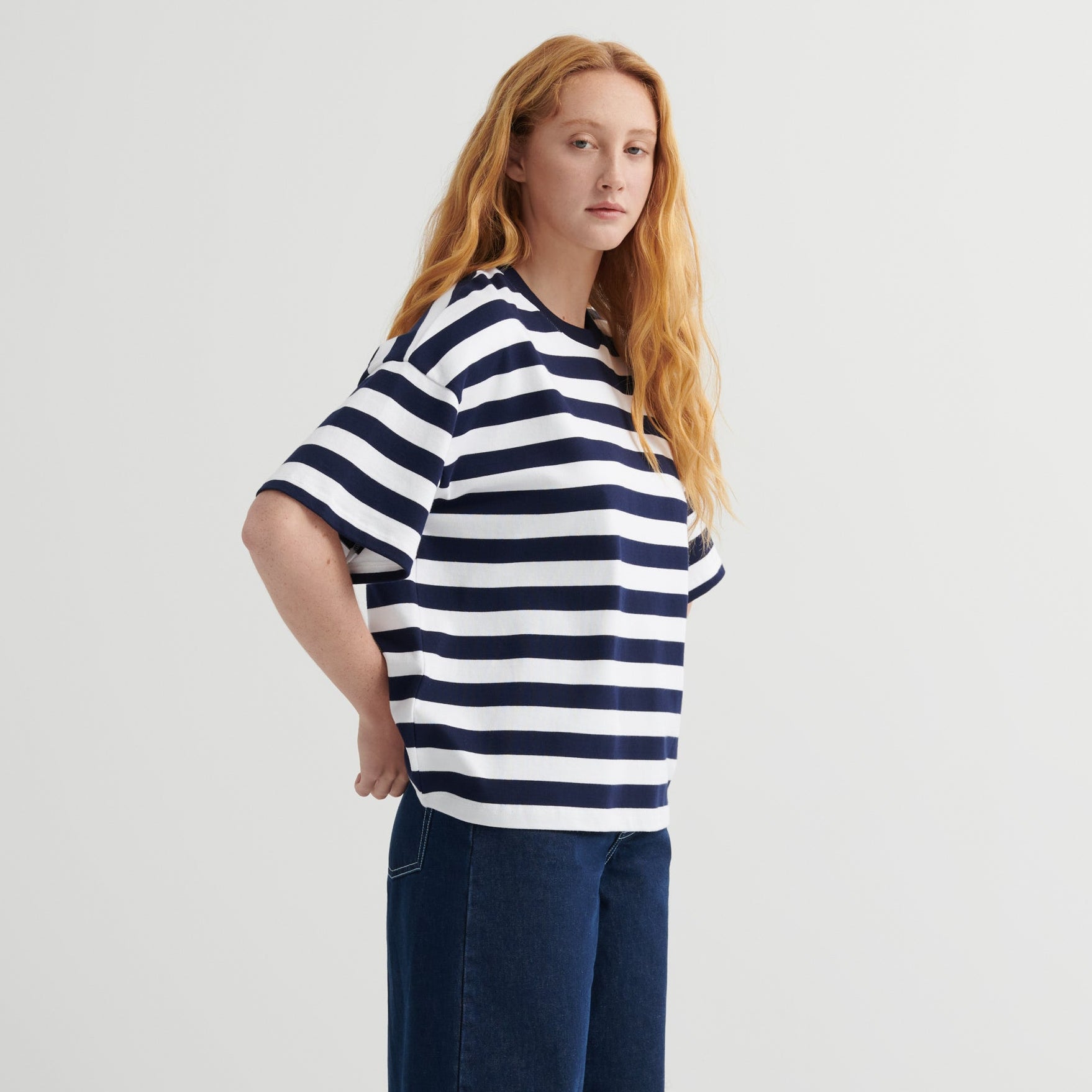 Oversized Boxy Tee - Navy White Stripe