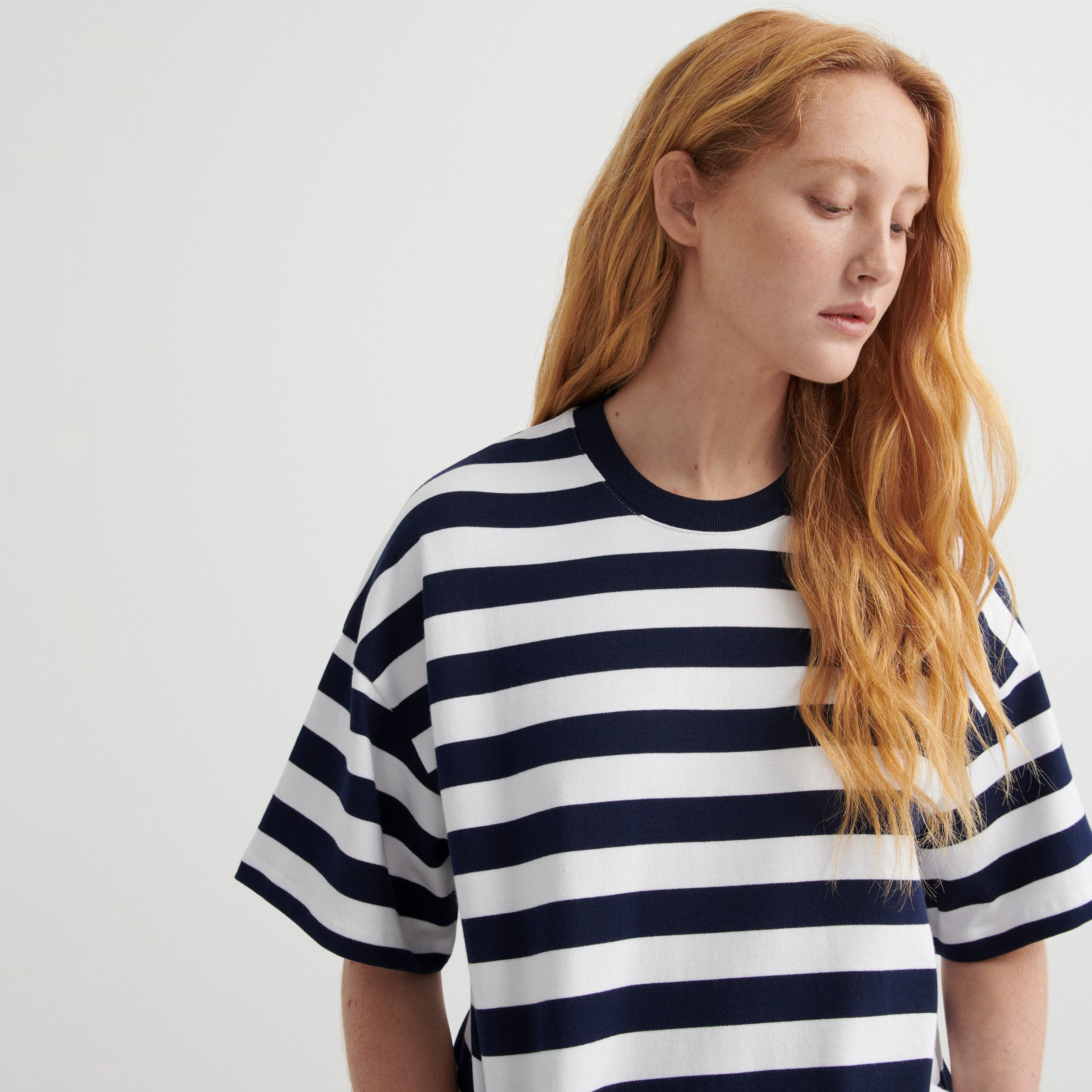 Oversized Boxy Tee - Navy White Stripe