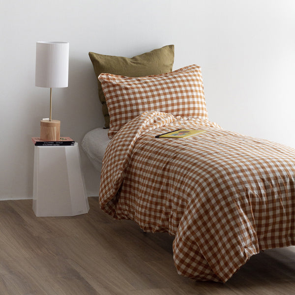 A&C Flax Linen Duvet Cover Set - Toffee Large Gingham - King Single