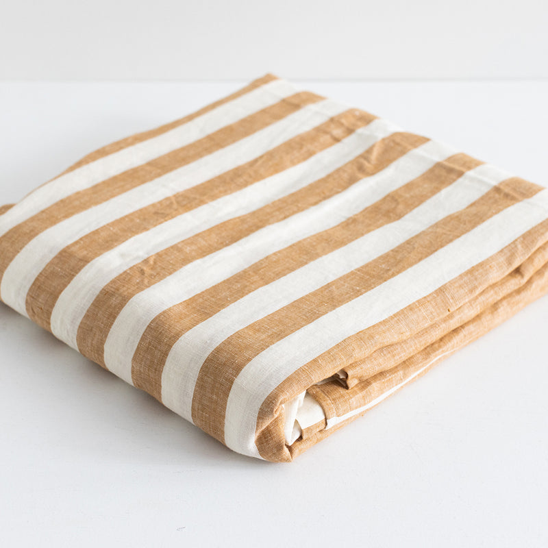 A&C Flax Linen Flat Sheet - Toffee Wide Stripe