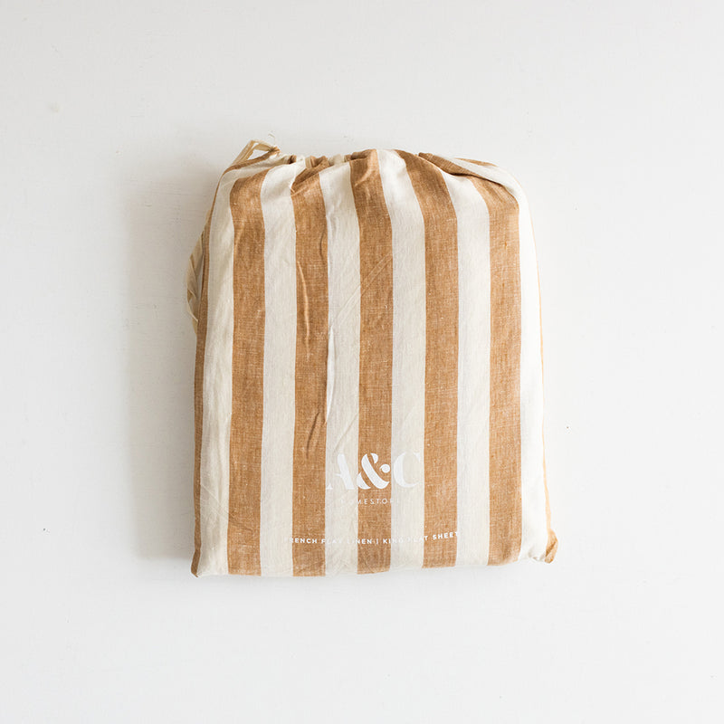 A&C Flax Linen Flat Sheet - Toffee Wide Stripe