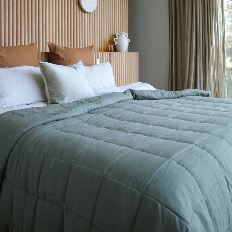Linen Quilted Bedcover  - Rosemary