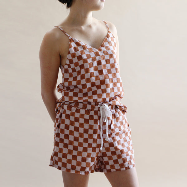 A&C Checker Printed Linen Lounge Cami - Terracotta