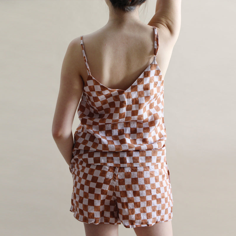 A&C Checker Printed Linen Lounge Cami - Terracotta