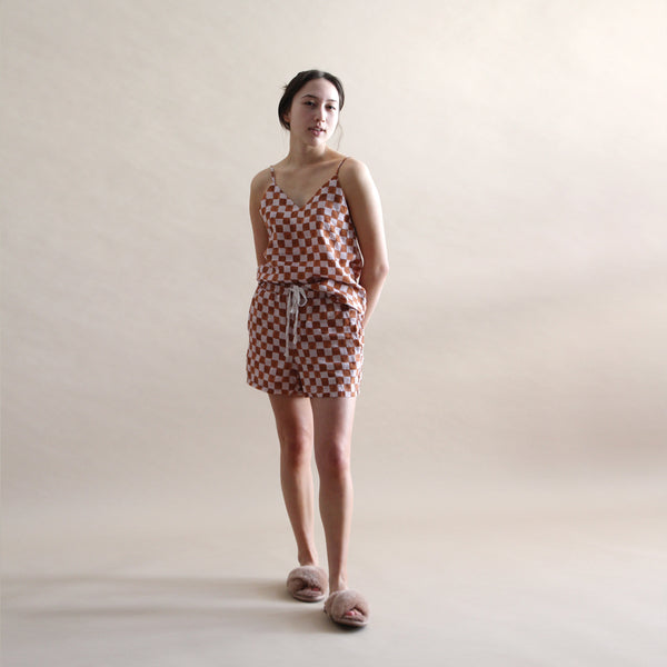 A&C Checker Printed Linen Lounge Cami - Terracotta