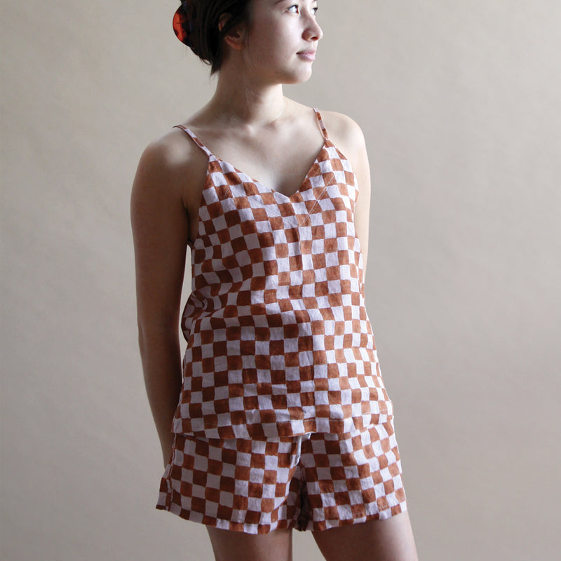 A&C Checker Printed Linen Lounge Cami - Terracotta