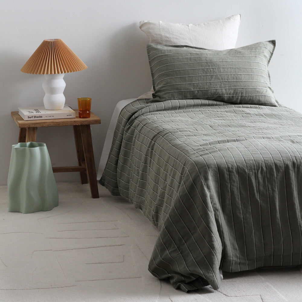 Linen Duvet Set - Rosemary Dual Stripe, King Single