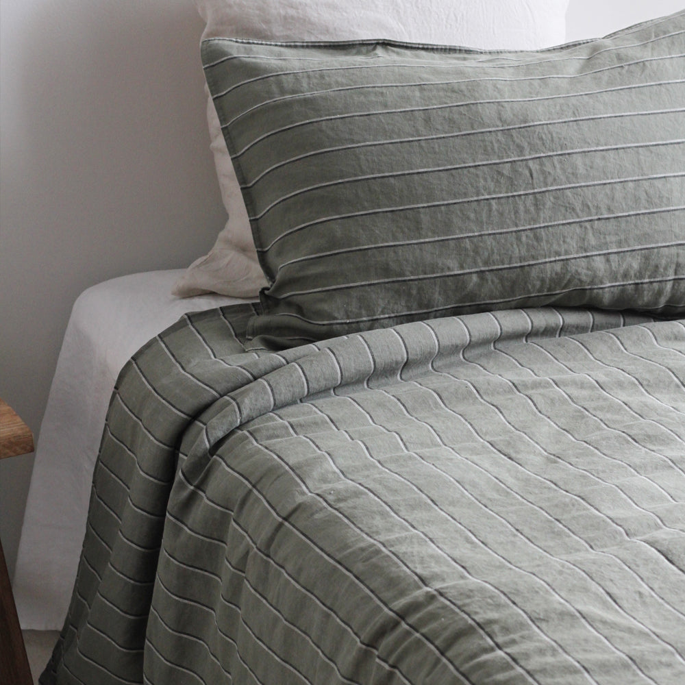 Linen Duvet Set - Rosemary Dual Stripe, King Single