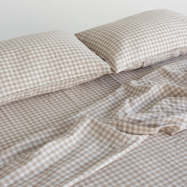 A&C Linen Flat Sheet - Natural Small Gingham