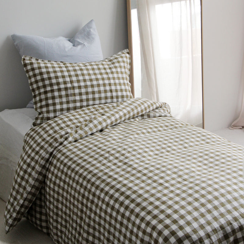 Linen Duvet Set - Olive Gingham, King Single