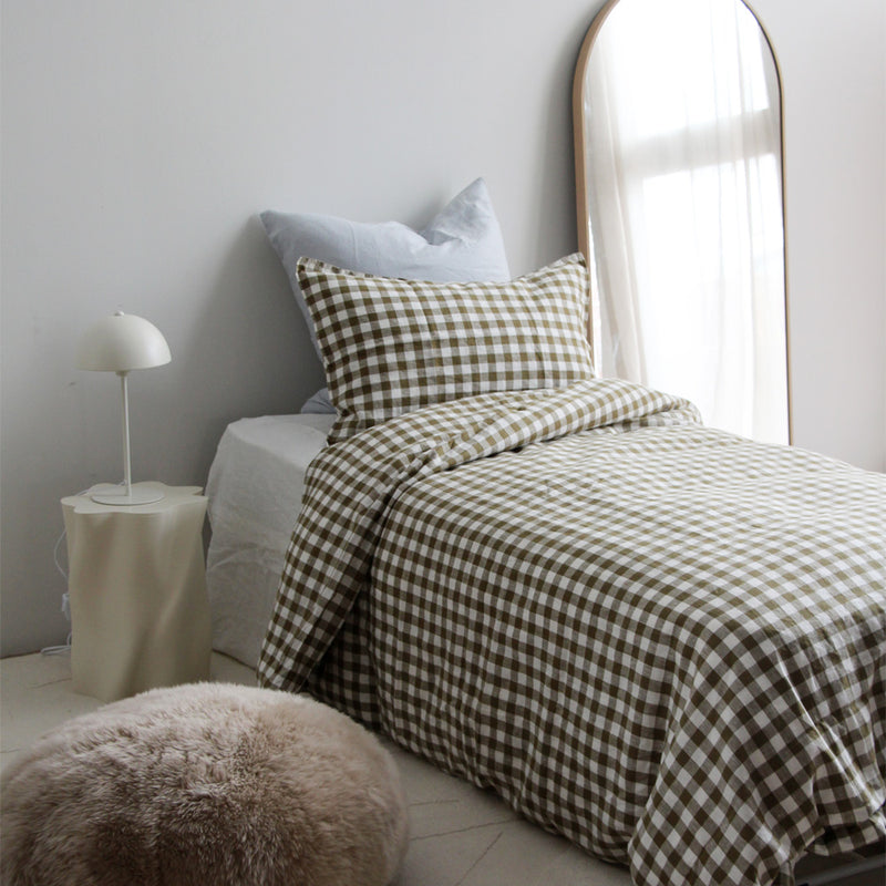 Linen Duvet Set - Olive Gingham, King Single