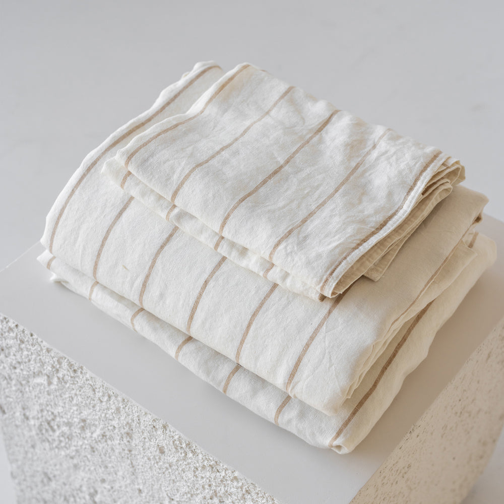 A&C Flax Linen Fitted Sheet - Tan Stripe