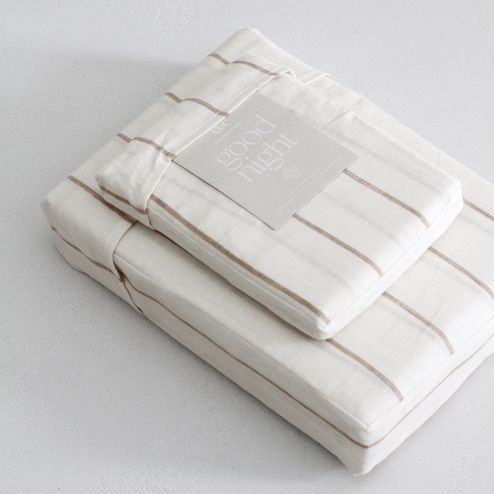 A&C Flax Linen Fitted Sheet - Tan Stripe