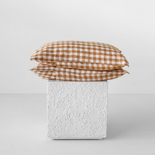 A&C Flax Linen Pillowcases - Toffee Large Gingham