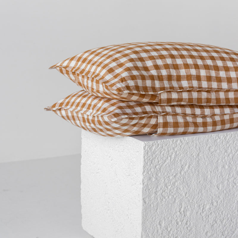 A&C Flax Linen Pillowcases - Toffee Large Gingham
