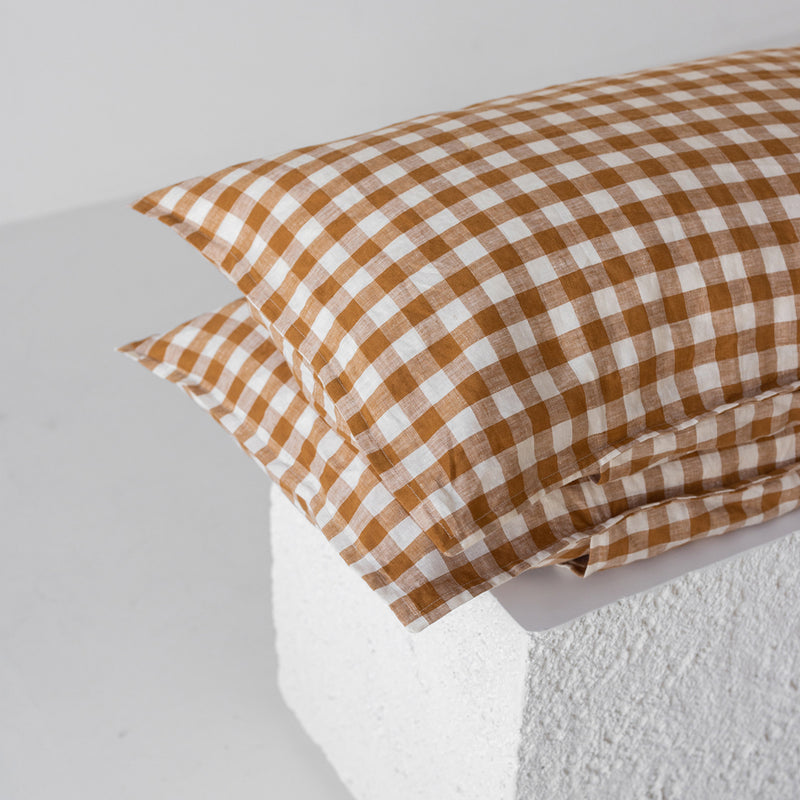 A&C Flax Linen Pillowcases - Toffee Large Gingham