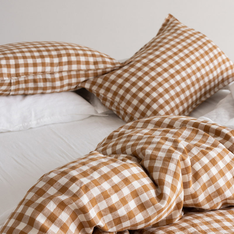 A&C Flax Linen Pillowcases - Toffee Large Gingham